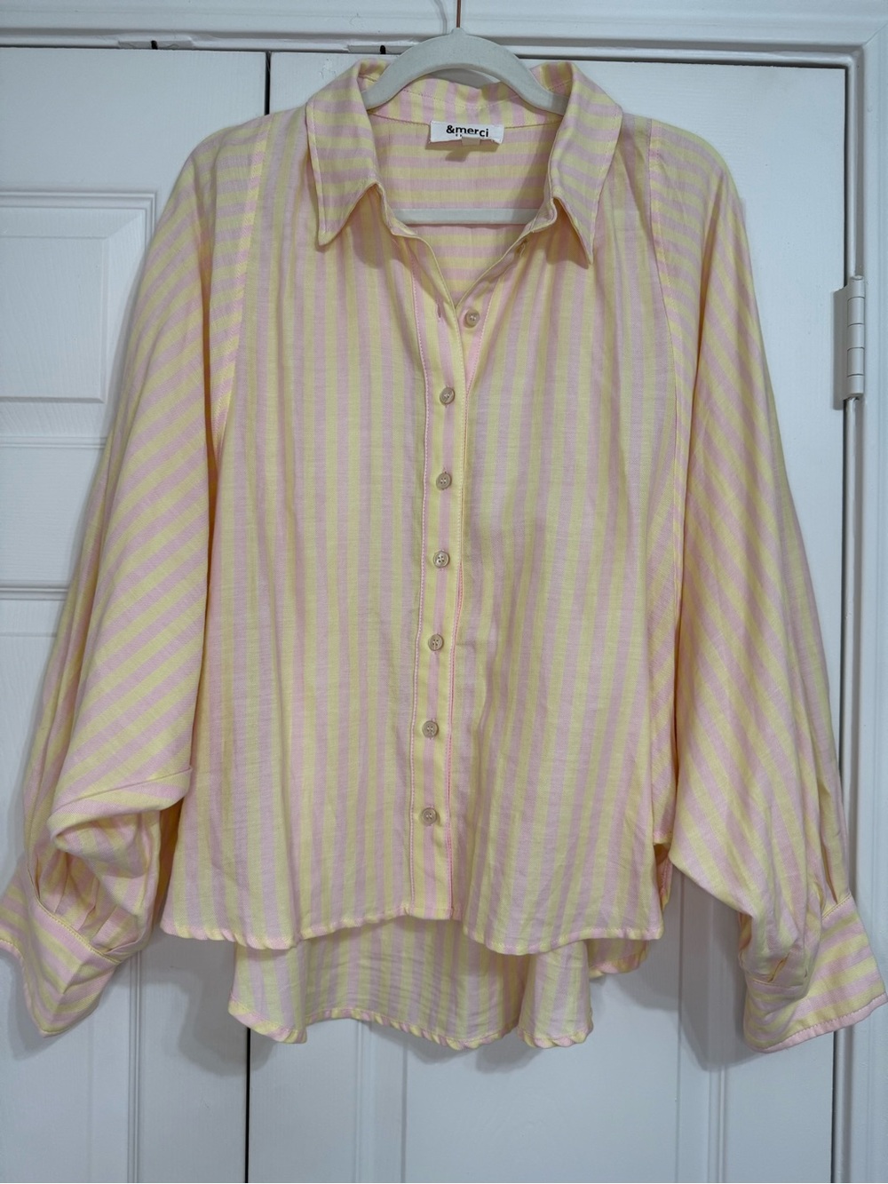 &Merci Yellow and Pink Striped, Dolman Sleeved, Button-Down Shirt